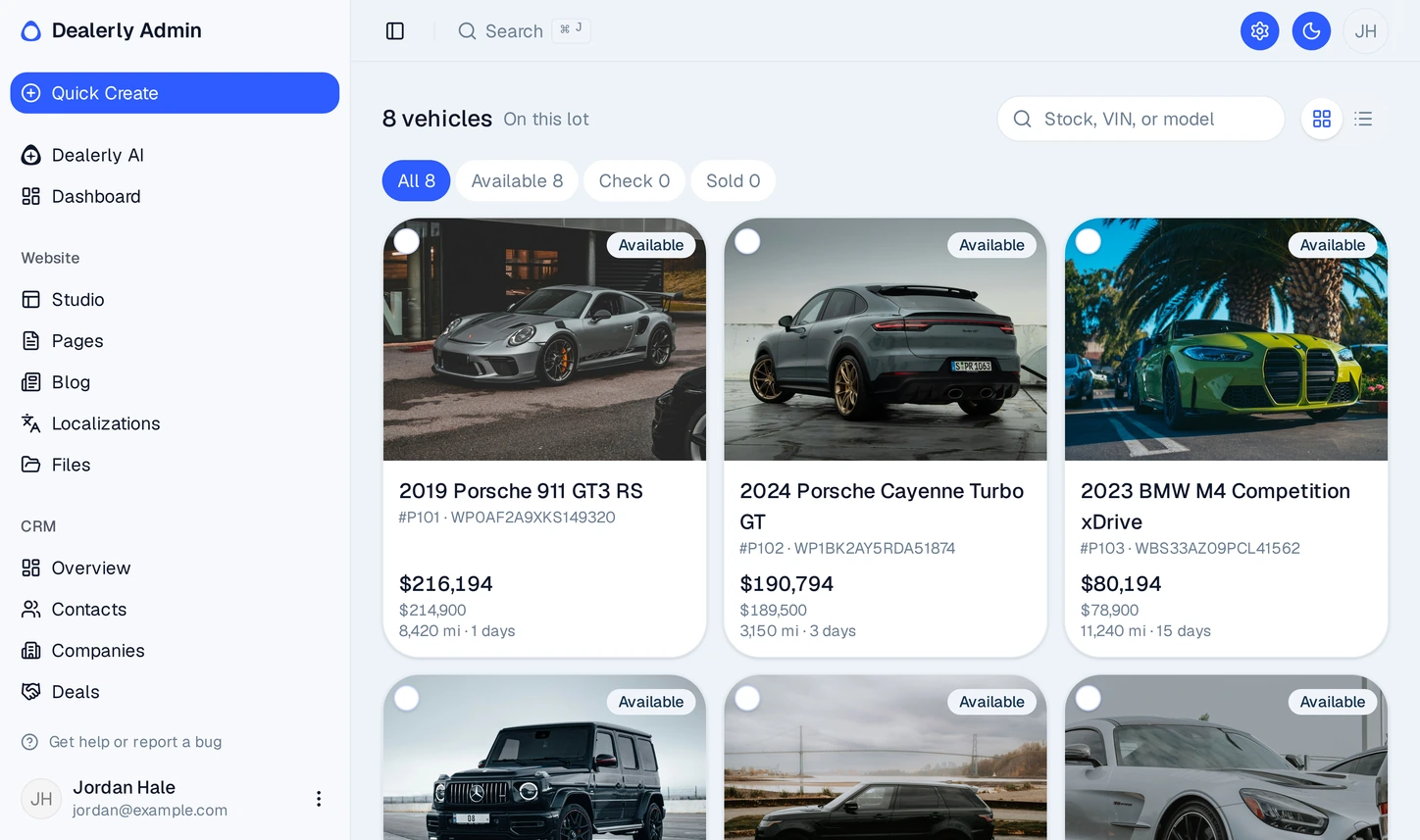 Dealerly admin inventory screen with sample used cars, prices and mileage