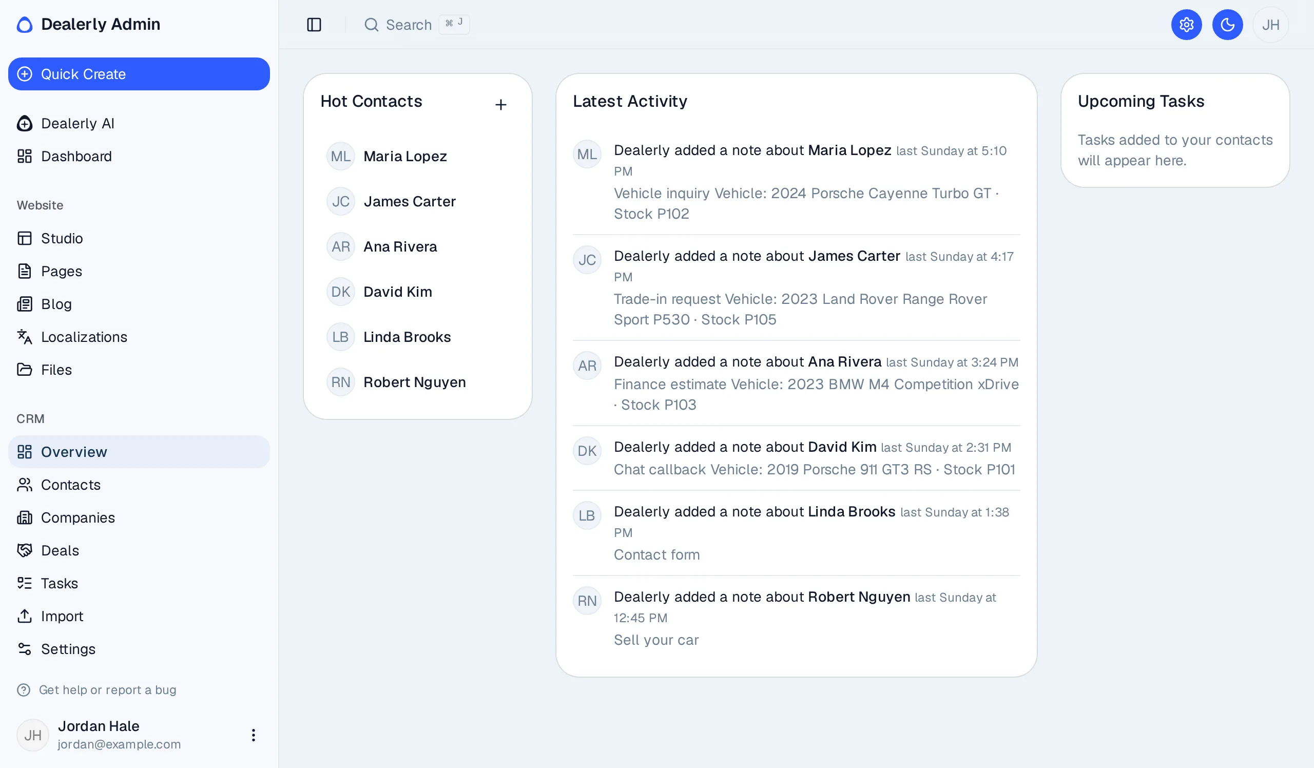 Dealerly admin CRM overview with recent leads and the cars they asked about