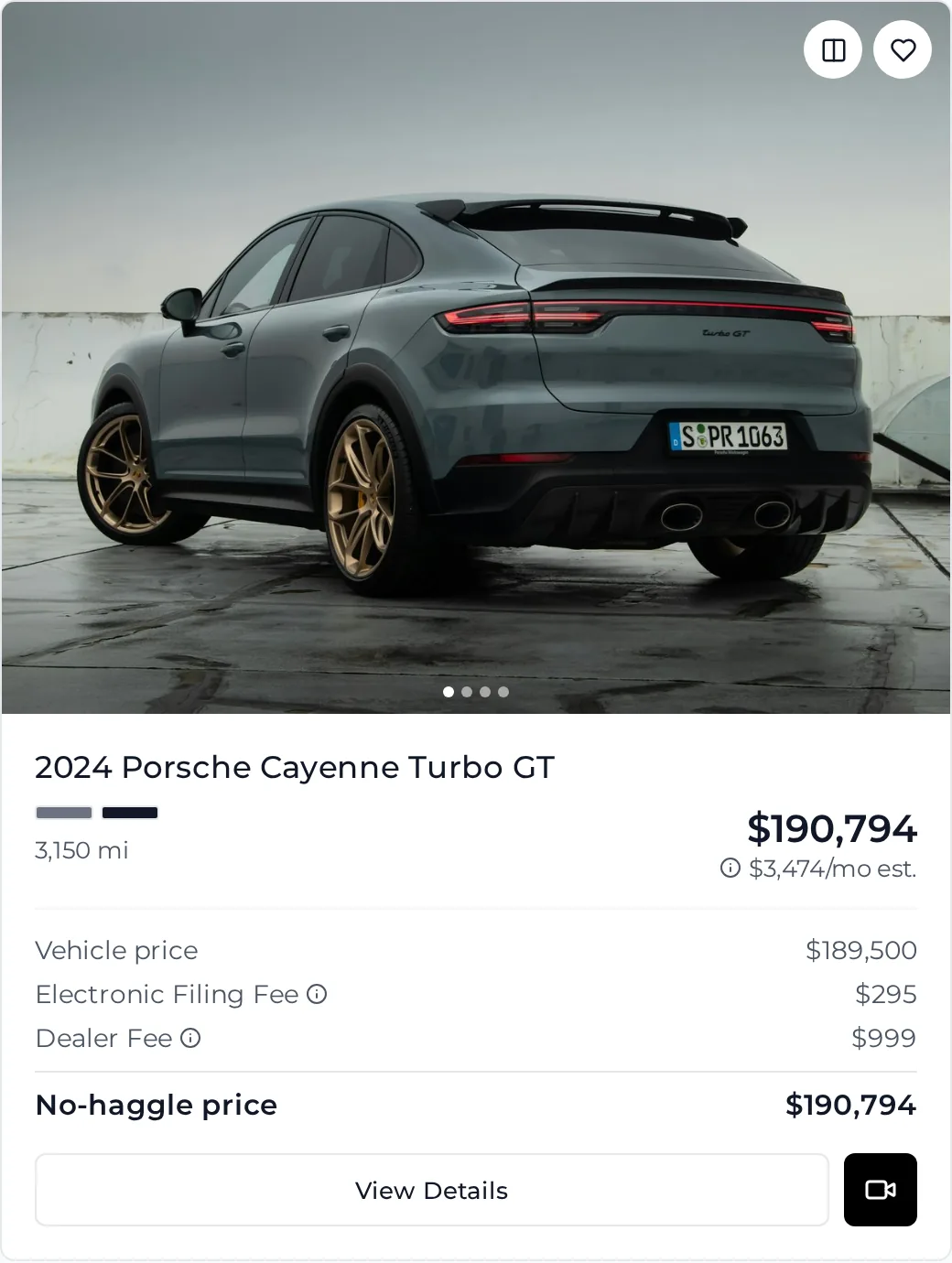 Car card with fee breakdown, no-haggle price and monthly payment