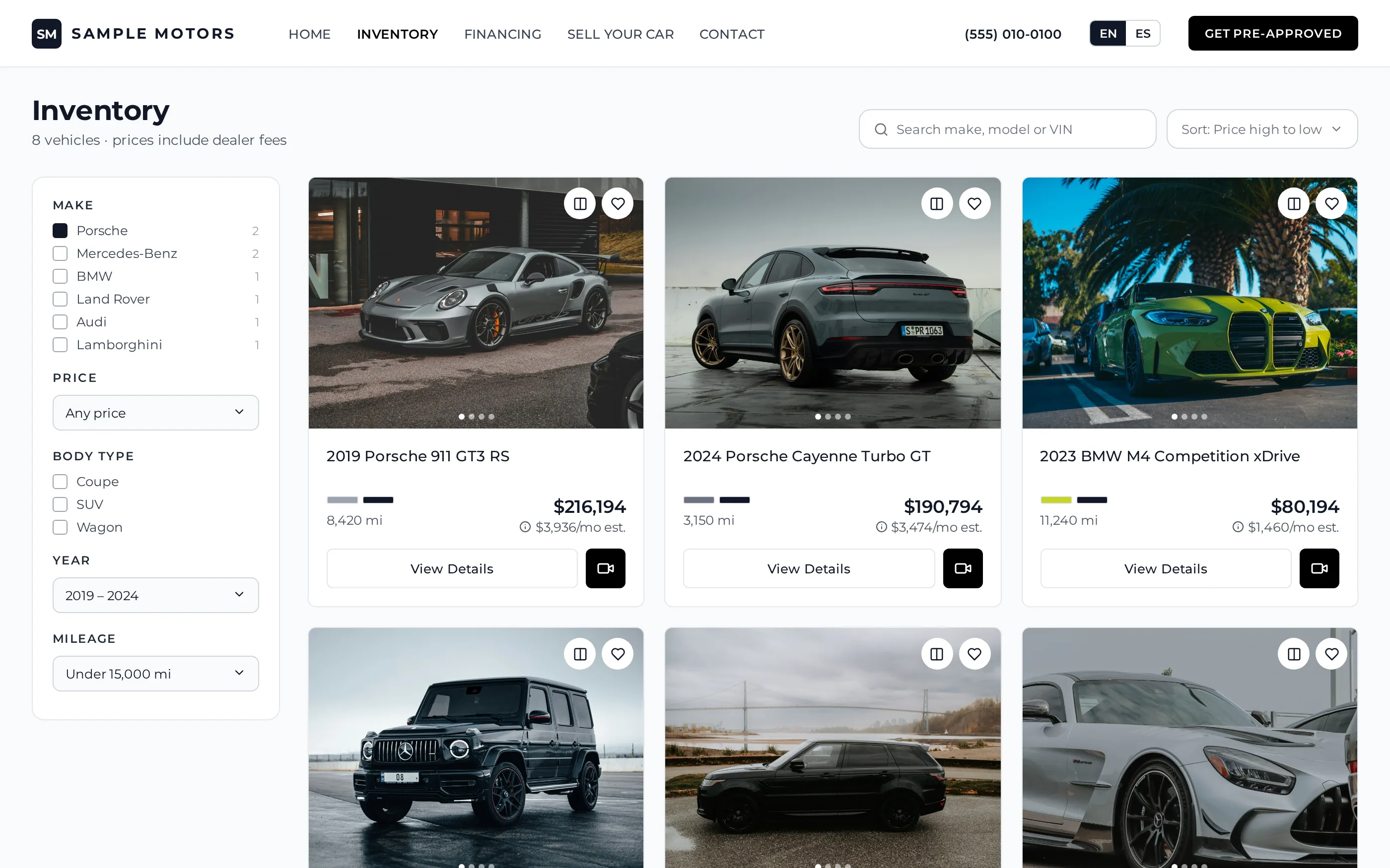 Dealer website inventory page with filters, makes and car cards