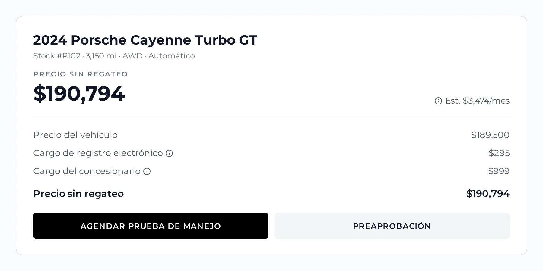 The same car price in Spanish: precio del vehículo, cargos y precio sin regateo