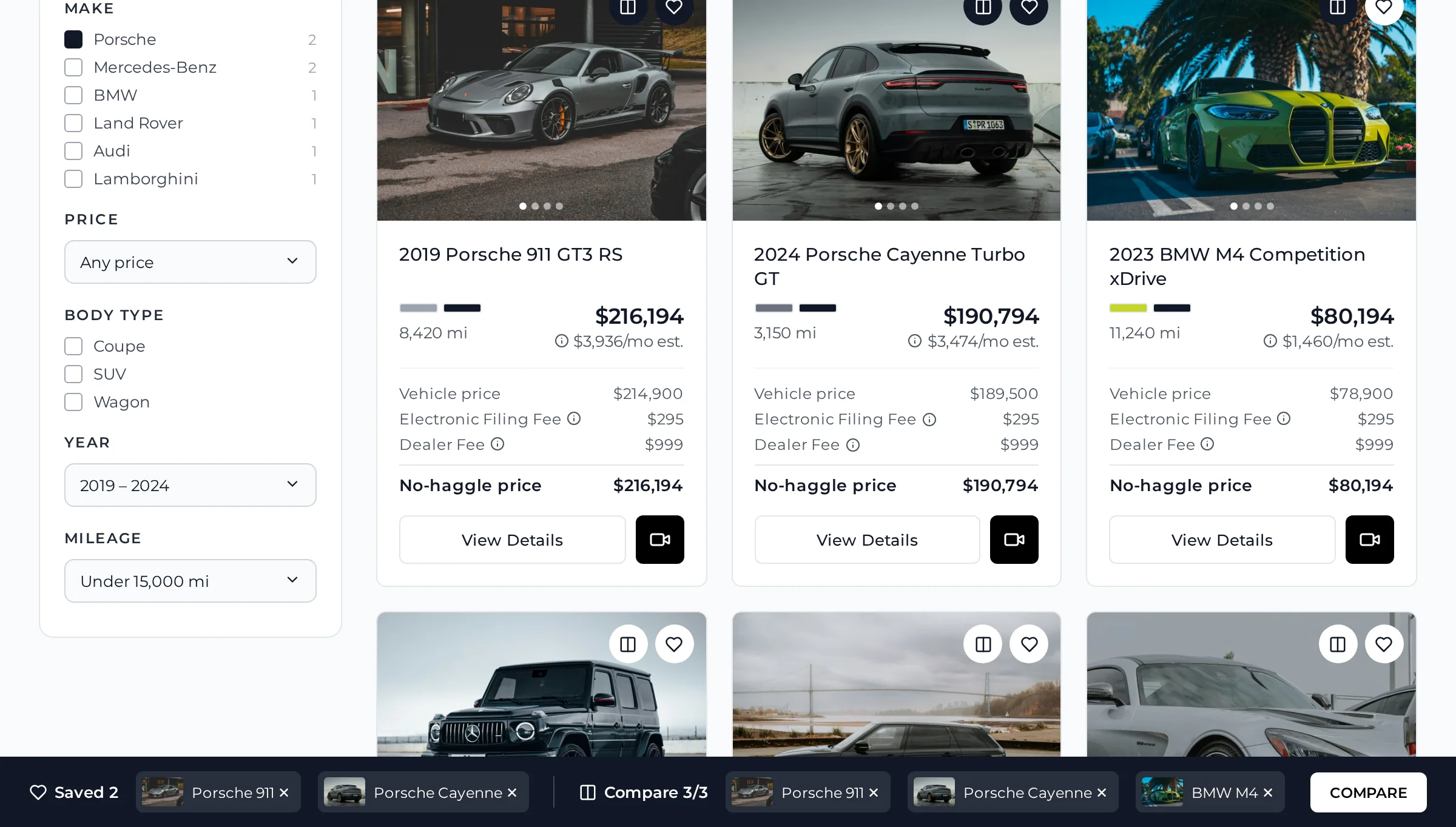 Inventory with saved cars and the compare bar at the bottom